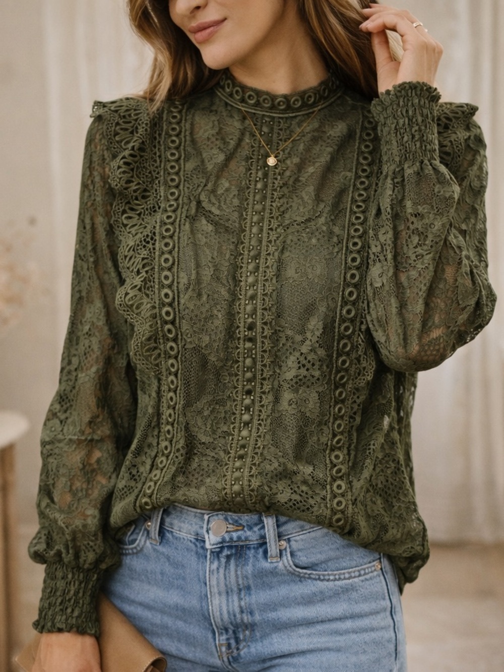 Cable & Gauge Olive Green Lace Mock Neck Long Sleeve Blouse, NWT, Size Medium